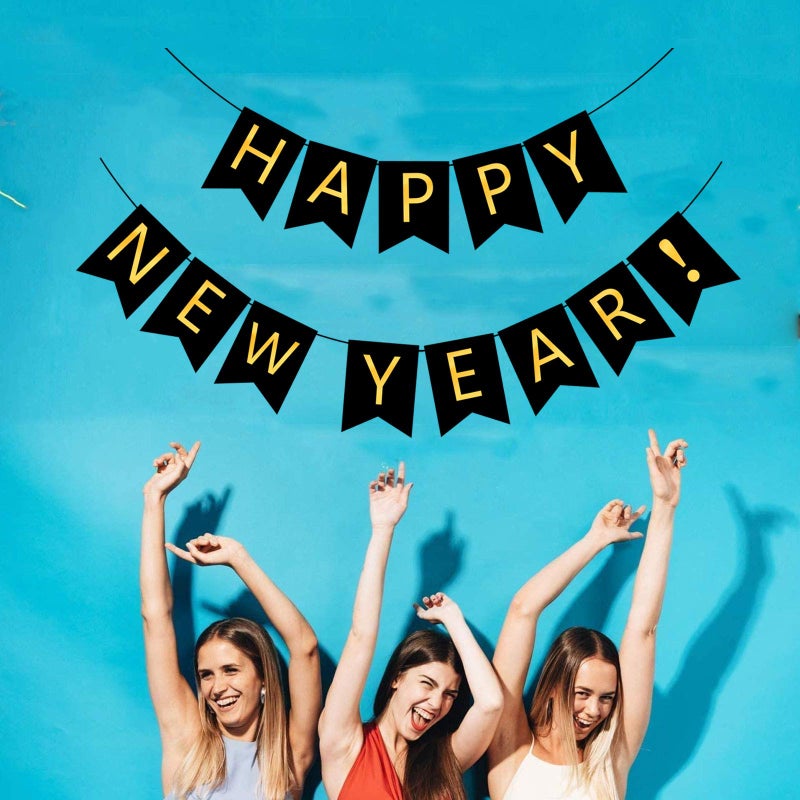 FECEDY Happy New Year Banner Black Bunting with Gold Alphabet for New Year Party Supplier Eve Party Decorations - Image 4
